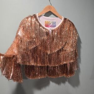 Fringe + Co Pink Gold Tassel Swiftie Sparkle Cropped Festival Jacket Size S
